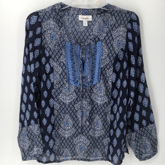 Blue Beaded Embroidered Paisley/Damask Boho V-Neck 3/4 Sleeve Tunic - Sz S - Picture 1 of 14